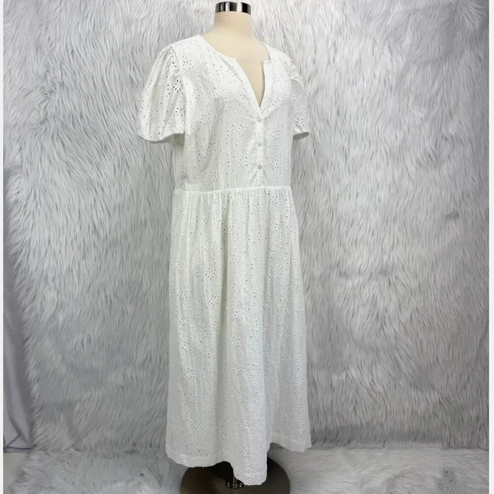 J. Crew Factory Eyelet Midi Dress Puff Sleeve Boho Summer Graduation‎ Coastal